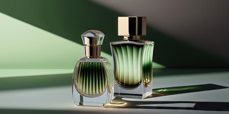 Collection of transparent multi color glass perfume bottles on a light background. Art composition still life. Stylish perfume banner. Generative AI.の素材