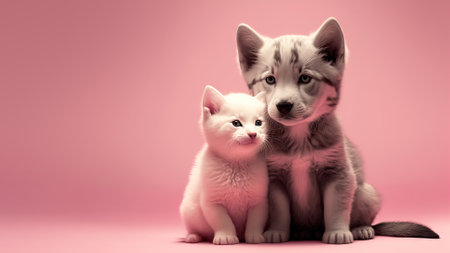 Cat and dog on pastel pink background. Generative AIの素材