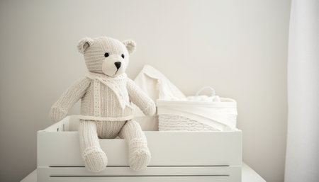Cute teddy bear and box with knitted baby clothes. Generative AIの素材