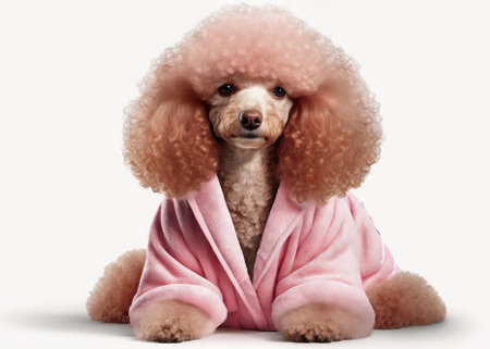Funny illustration of cute poodle dressed in pink. Generative AIの素材