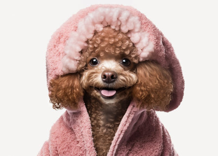 Funny illustration of cute poodle dressed in pink. Generative AIの素材
