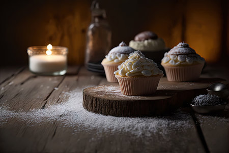 Delicious muffins, cupcakes, rustic background. Generative AIの素材