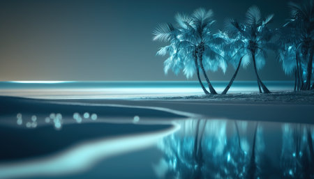 Mystically illuminated blue sandy beach. generative AIの素材