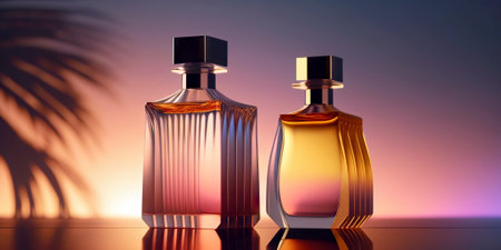 Warm and sensual fragrance perfume bottles. Art composition still life. Stylish perfume banner. Generative AI.の素材