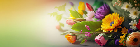 Beautiful bouquet of colorful spring flowers on a dark background with copy spaceの素材