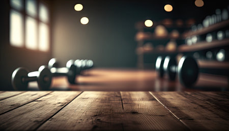 Blurred gym, fitness center. wooden table. Generative AI.の素材