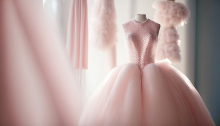 Elegant pink wedding dress , prom dress on hanger. Generative AIの素材