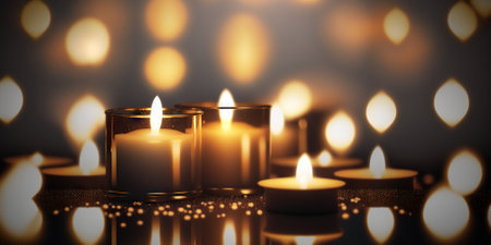 Burning tea lights, candle vigil concept. Generative AIの素材