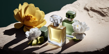 Fresh spring romantic image, stylish transparent glass perfume bottles. Stylish perfume banner. Generative AI.の素材