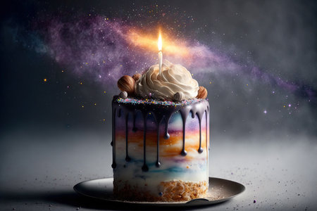 Fantasy design space birthday cake with burning candles. Generative AIの素材