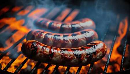 Tasty grilled bbq sausages close up shot. Generative AIの素材