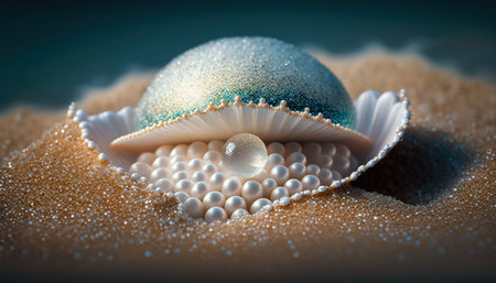 Beautiful pearl shells on a sandy beach. Generative AIの素材