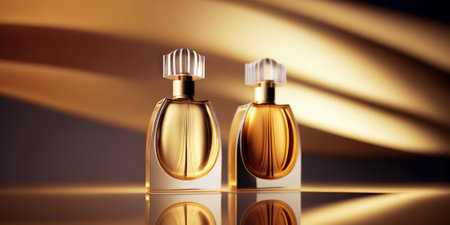 Warm and sensual fragrance perfume bottles. Art composition still life. Stylish perfume banner. Generative AI.の素材