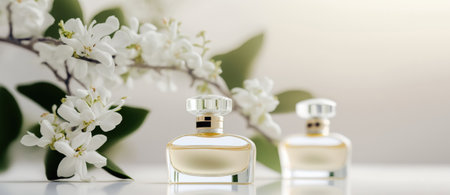 Fresh spring romantic image, stylish transparent glass perfume bottles. Stylish perfume banner. Generative AI.の素材