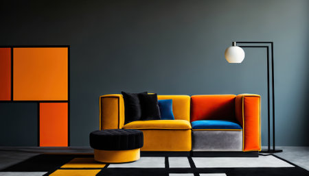 Modern living room design with accent on bold colours. Generative AIの素材