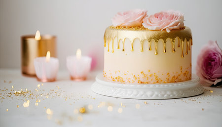 Rose and white color cake, dessert for birthday, wedding. Generative AIの素材