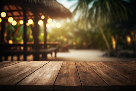 Tropical beach bar blurred, wooden table. Generative AIの素材