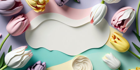 Empty frame surrounded by colorful spring flowers. Generative AI.の素材