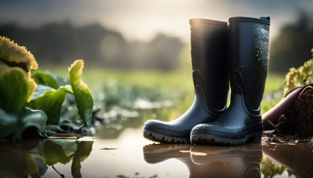 Black rubber boots stand in a puddle in the gardenの素材