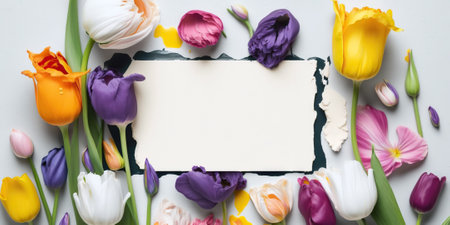 Empty frame surrounded by colorful spring flowers. Generative AI.の素材