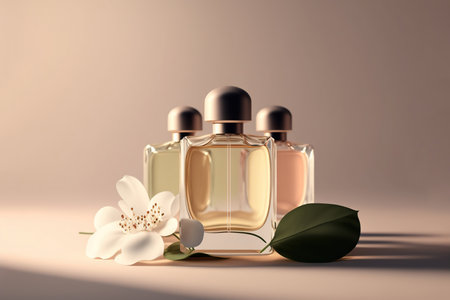 Collection of transparent multi color glass floral perfume bottles on a light simple background. Art composition still life. Stylish perfume banner. Generative AI.の素材