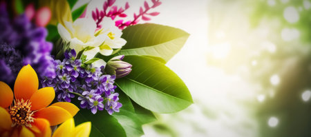 Bouquet of spring flowers on bokeh background with copy spaceの素材