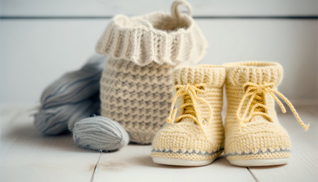 Handmade knitted baby boots. Generative AIの素材