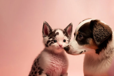 Cat and dog on pastel pink background. Generative AIの素材