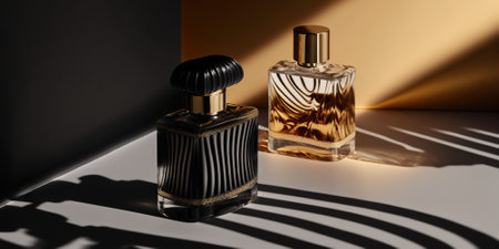 Warm and sensual fragrance perfume bottles. Art composition still life. Stylish perfume banner. Generative AI.の素材