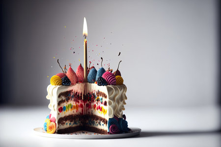 Beautifully decorated birthday cake with burning candles. Generative AIの素材