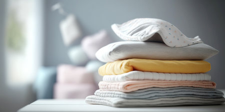 Stack of folded baby clothes and accessories. Generative AIの素材