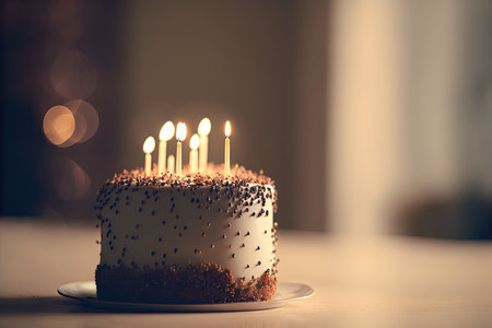 Beautifully decorated birthday cake with burning candles. Generative AIの素材