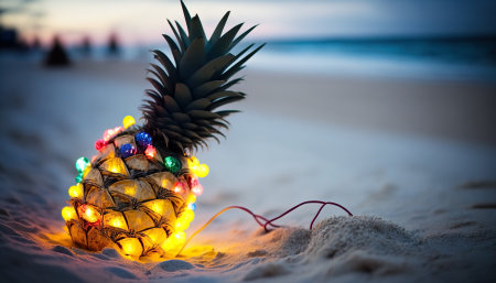 Festive illuminated pineapple on sandy beach. Generative AIの素材