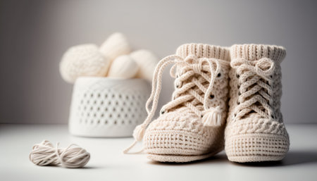Handmade knitted baby boots. Generative AIの素材