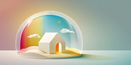 Cute little house in 3D style under transparent dome. Generative AIの素材