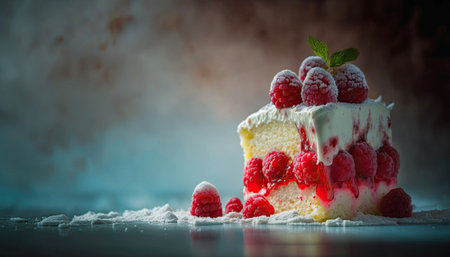 Piece of raspberry cake, delicious slice with berries. Generative AIの素材