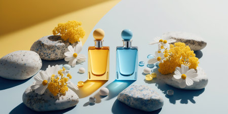 Fresh spring romantic image, stylish transparent glass perfume bottles. Stylish perfume banner. Generative AI.の素材