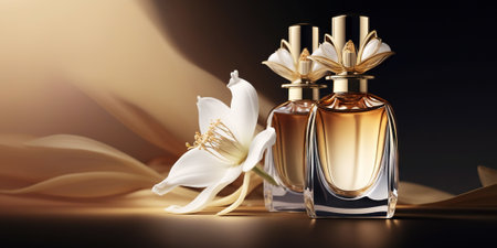 Warm and sensual fragrance perfume bottles. Art composition still life. Stylish perfume banner. Generative AI.の素材