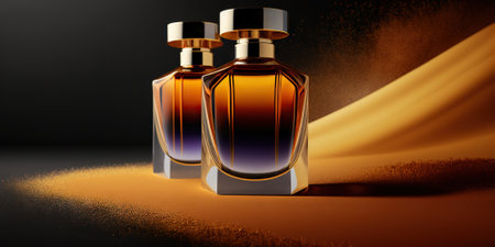 Warm and sensual fragrance perfume bottles. Art composition still life. Stylish perfume banner. Generative AI.の素材