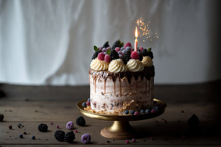 Beautifully decorated birthday cake with burning candles. Generative AIの素材