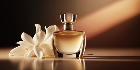 Warm and sensual fragrance perfume bottles. Art composition still life. Stylish perfume banner. Generative AI.の素材