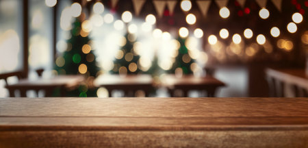 A wooden table topped with candles and christmas lights. Winter holiday background. Generative AIの素材