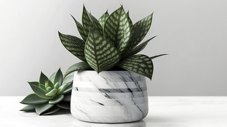 Succulent haworthia fasciata in a pot on white marble background. Stylish and simple plants for modern desk. Generative AIの素材