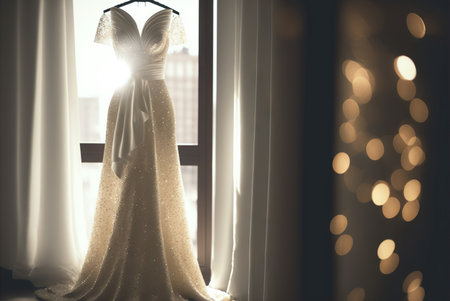 Elegant classic wedding dress on hanger. natural light. Generative AIの素材