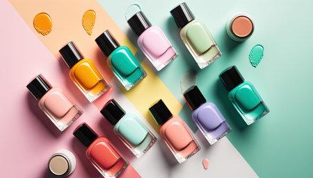 Colorful nail polish bottles, trendy illustration. Generative AIの素材