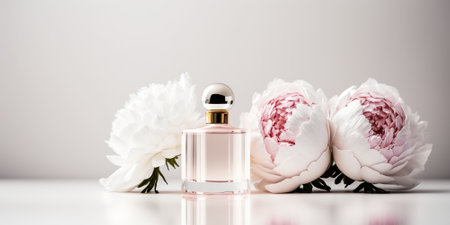 Tender stylish perfume composition, bottle of perfume and flowers, pinkish illustration. Generative AIの素材