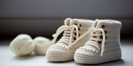 Handmade knitted baby boots. Generative AIの素材