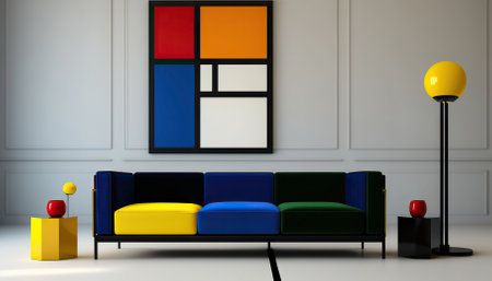 Modern living room design with accent on bold colours. Generative AIの素材