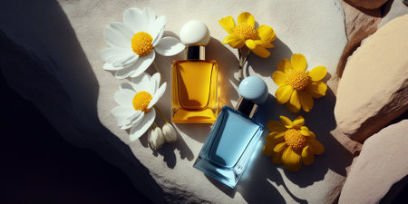 Bold trendy sunny summer transparent glass perfume bottles, stylish parfumerie banner. Generative AI.の素材