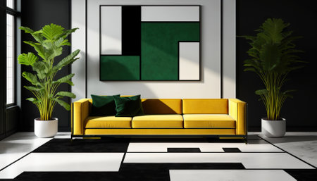 Modern living room design with accent on bold colours. Generative AIの素材